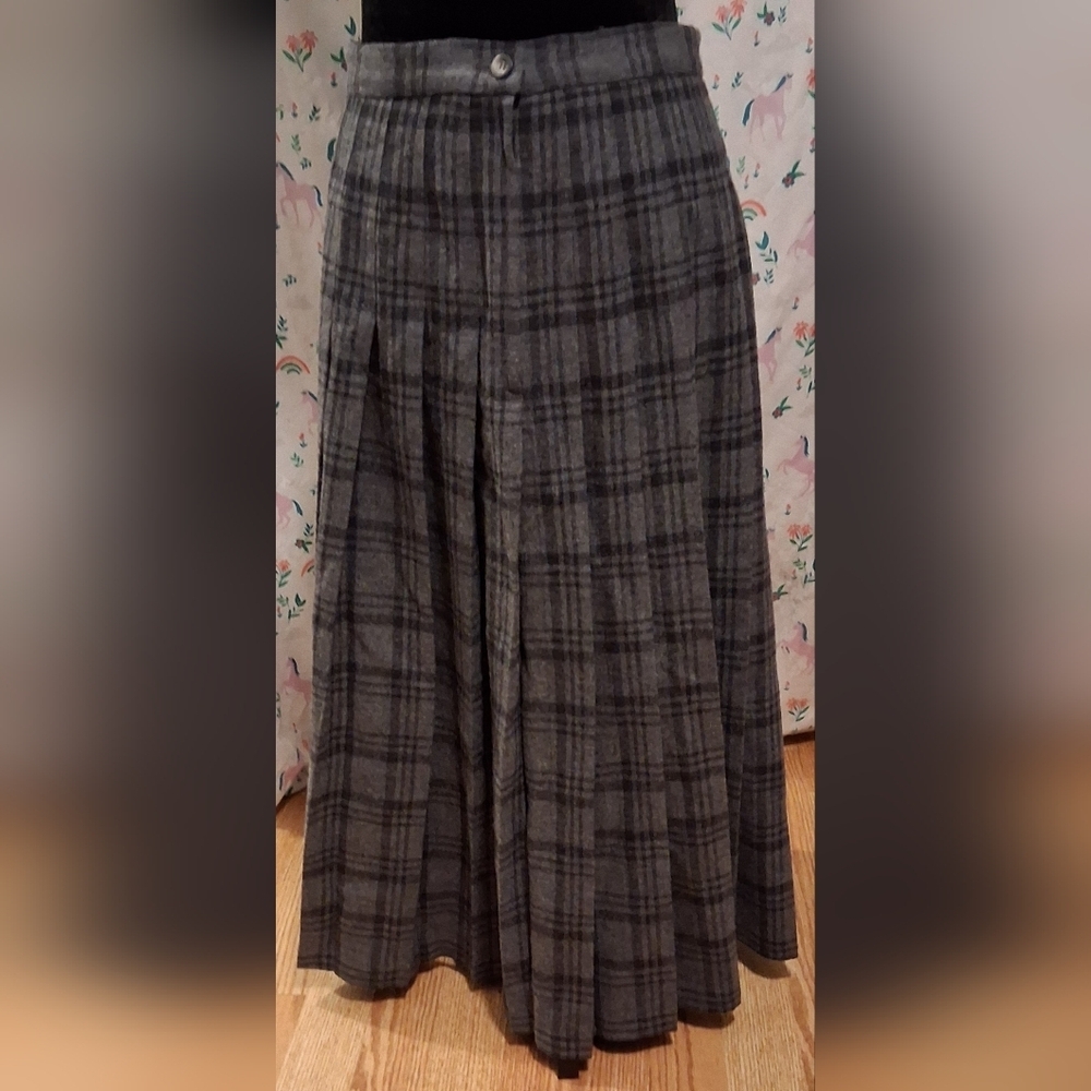 EUC Vintage 80s Pendleton Grey Plaid Virgin Wool Pleated Casual Maxi Skirt SZ 8